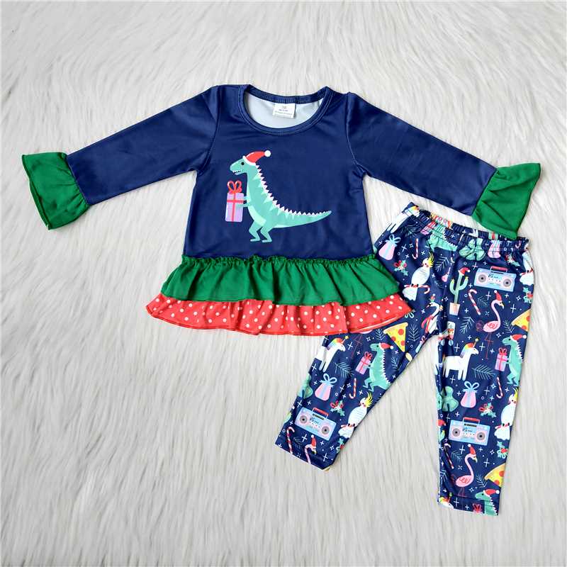 6 B10-21 Christmas Dinosaur Dark Blue Long Sleeve Suit