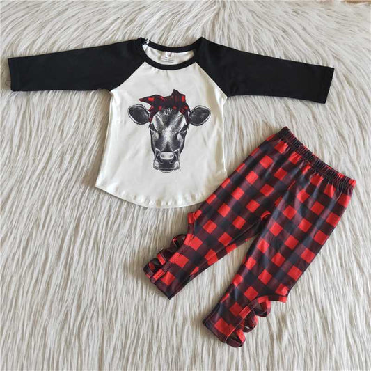 6 B10-3 Cow head black long sleeve plaid pants suit