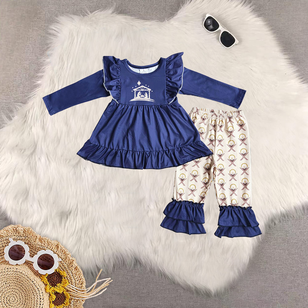 RTS NO MOQ Sibling Baby Girls Christmas trees Long Sleeve Pants Set