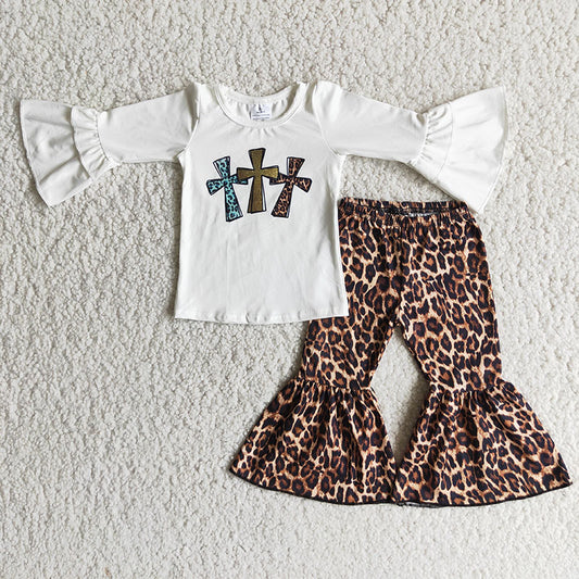 6 B13-19 White top with three-color cross and leopard-print bell-bottom long-sleeved suit