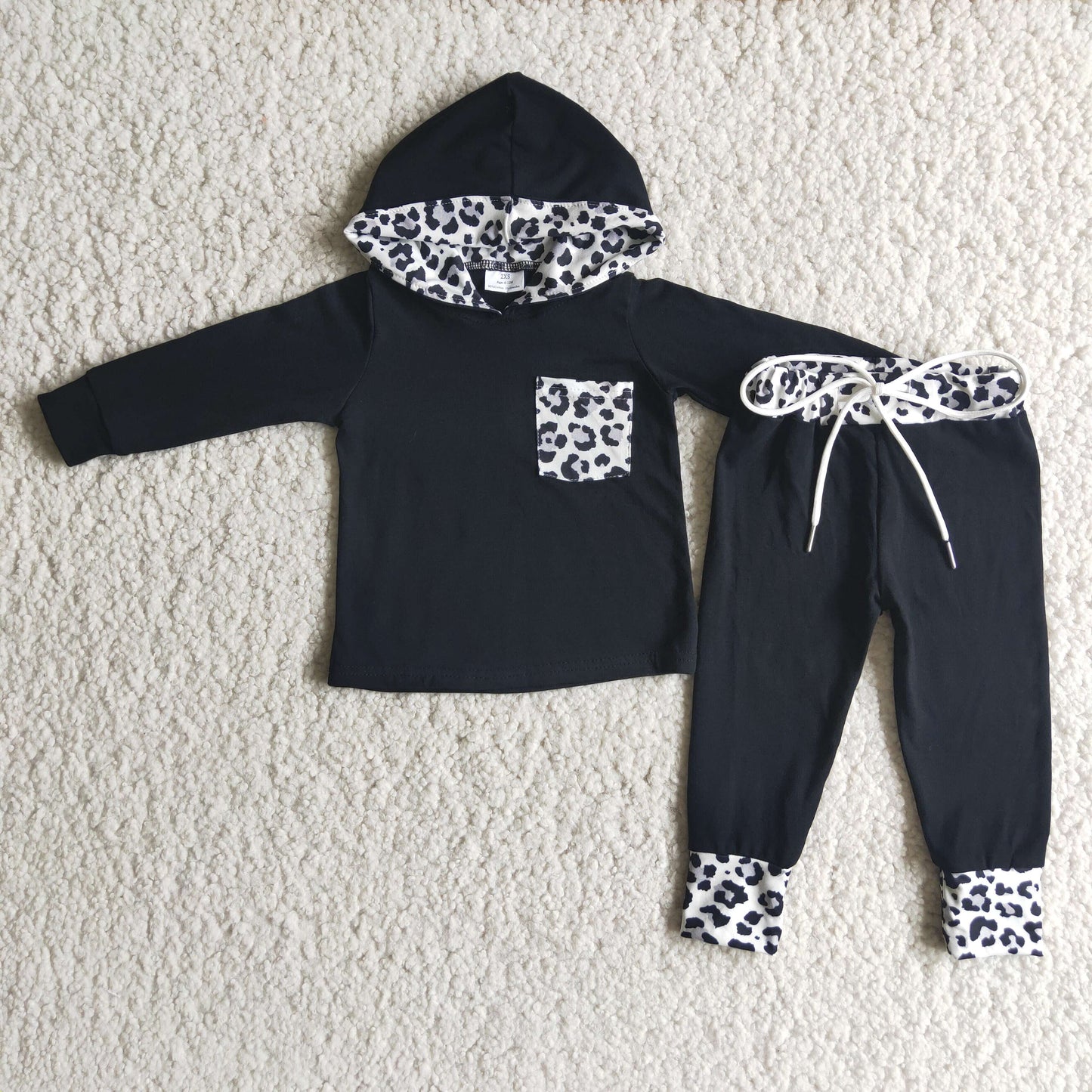 6 B8-22 White dot leopard print pocket black hoodie long sleeve suit