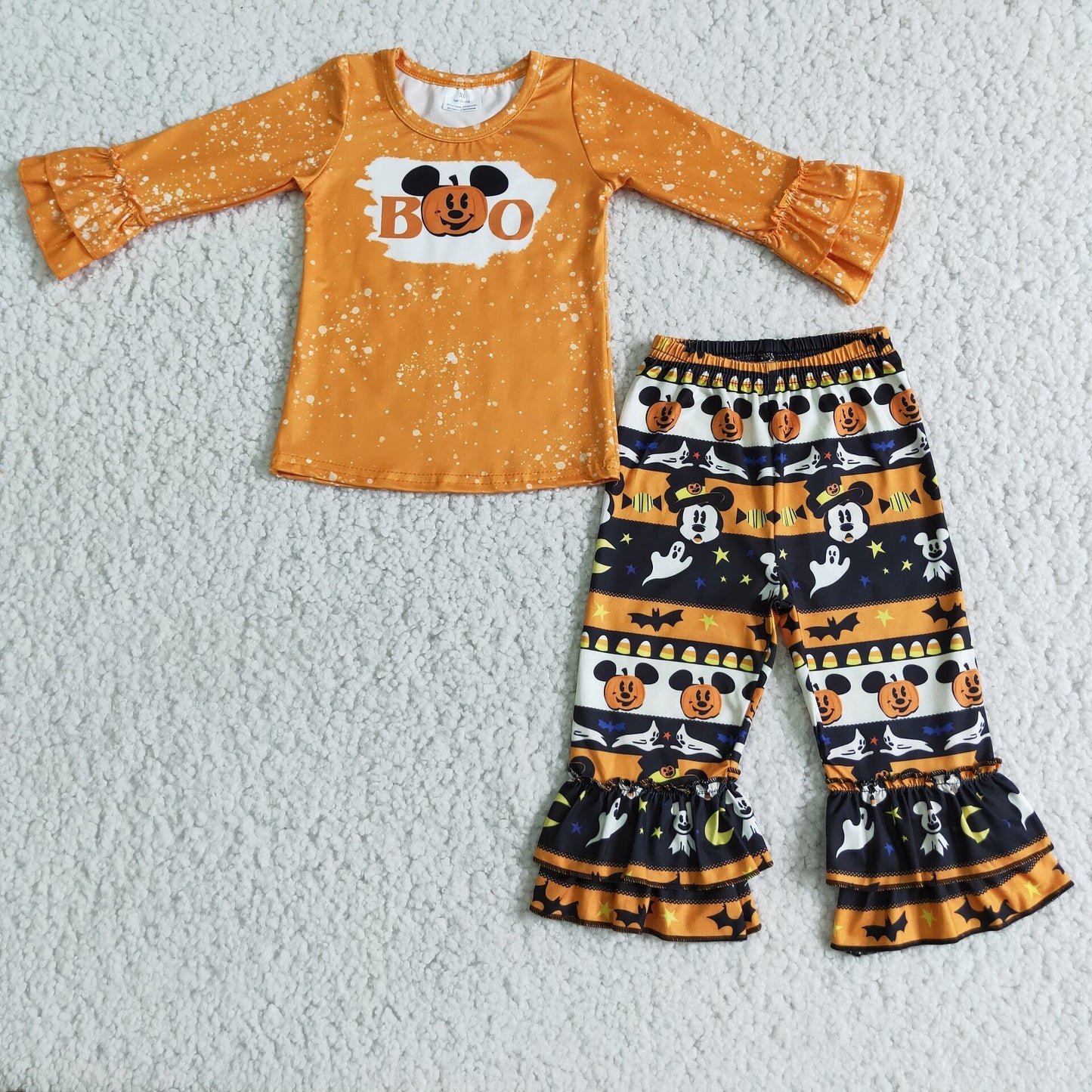 RTS NO MOQ（In Stock) 6 B8-40 Halloween Pumpkin Lace Cuff Long Sleeve Top and Flared Pants Suit