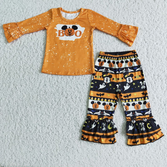RTS NO MOQ（In Stock) 6 B8-40 Halloween Pumpkin Lace Cuff Long Sleeve Top and Flared Pants Suit