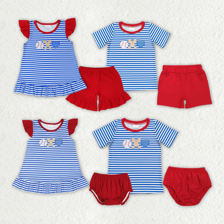 RTS Baby Girls Blue Stripes Baseball Summer Sibling Clothes Sets