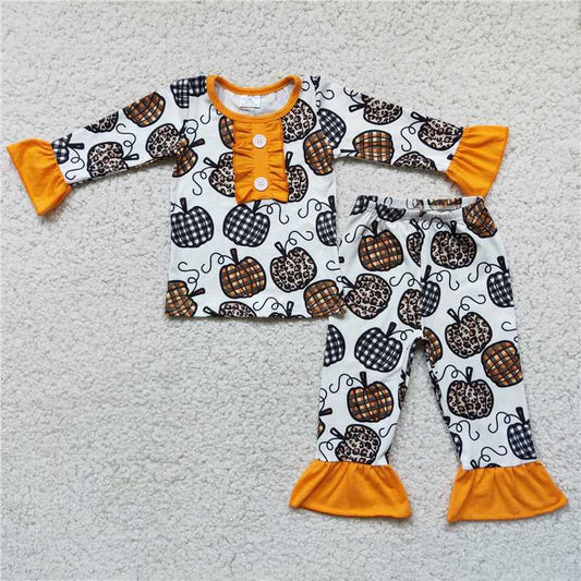 6 C10-38  Embroidered Pumpkin Blue Top Printed Flare Pants Suit