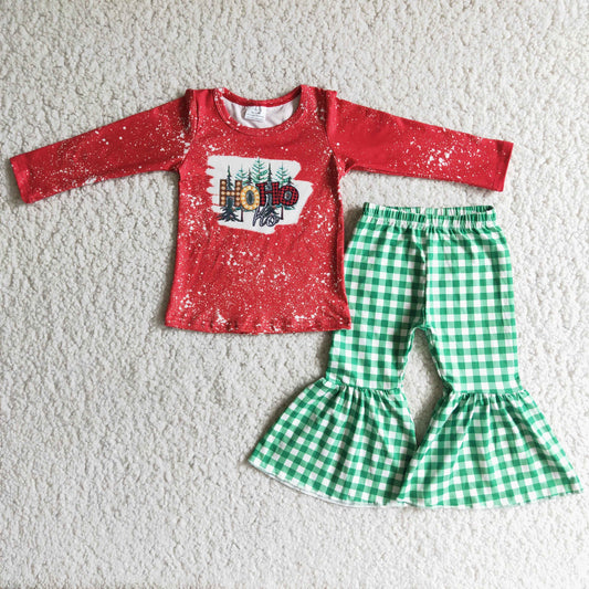 6 C10-9 HOHO red long-sleeved top green plaid bell pants suit