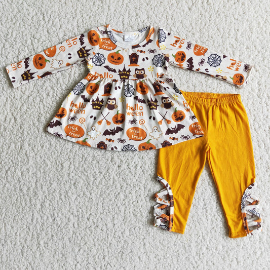 RTS NO MOQ 6 C7-38 Halloween Pumpkin Long Sleeve Top Yellow Pants Suit