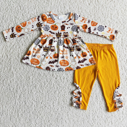 6 C7-38 Halloween Pumpkin Long Sleeve Top Yellow Pants Suit