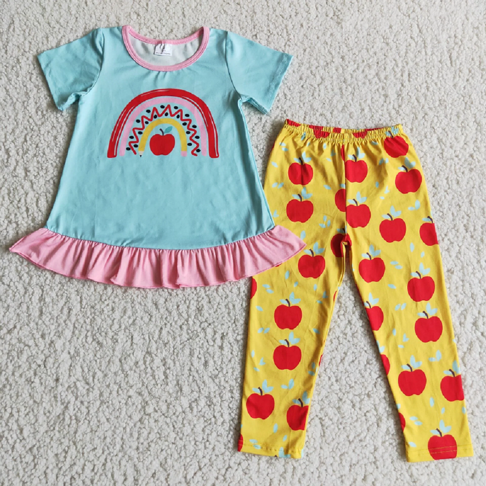 Back to School Apple Girls Short Sleeve Long Pants Set d3-28