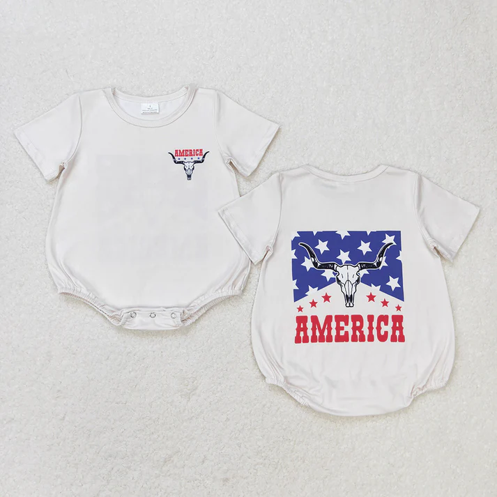 RTS Baby Boys Cow 4th Of July Short Sleeve Sibling Brother Rompers Tee Tops