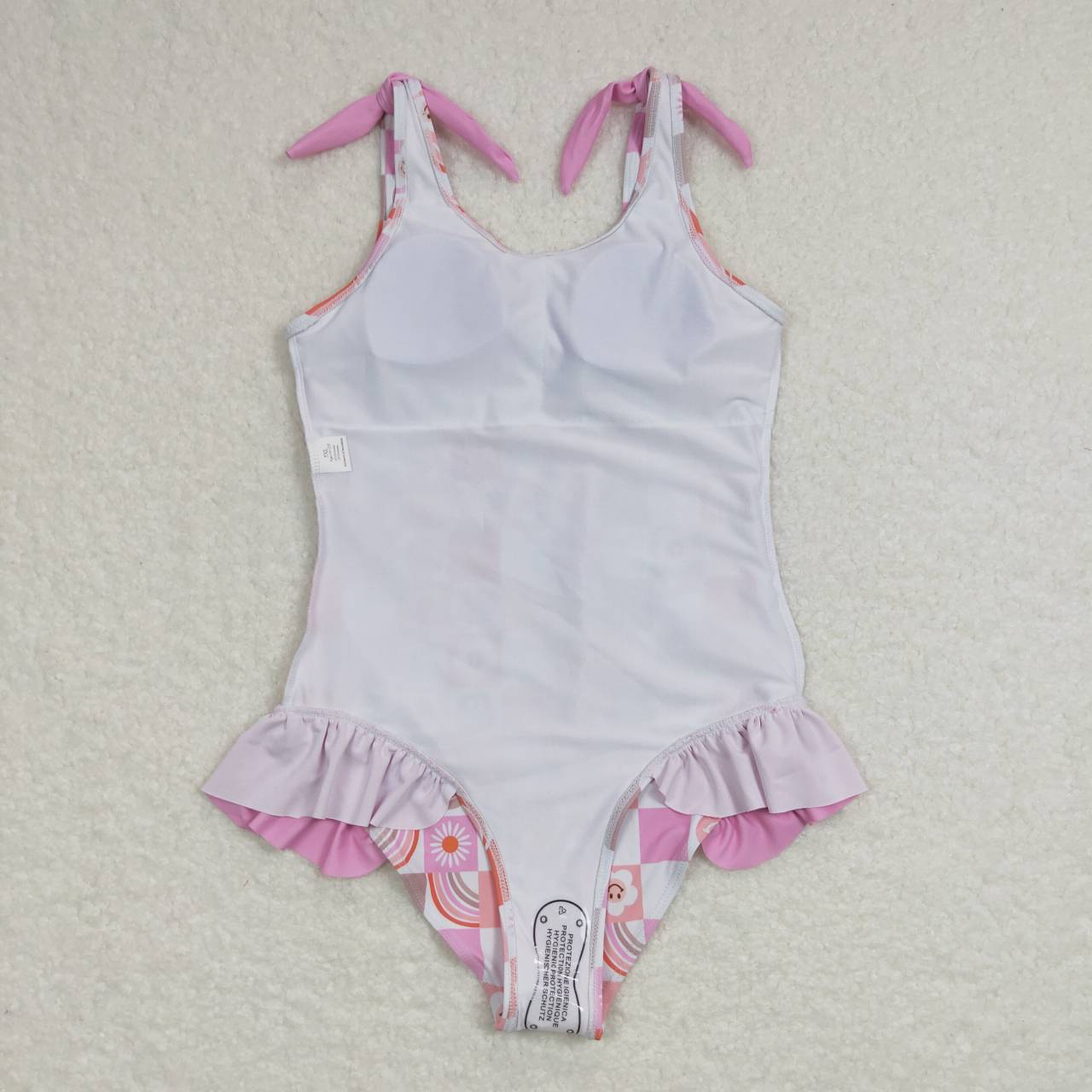 S0150 Smiley flower rainbow pink and white plaid one-piece swimsuit