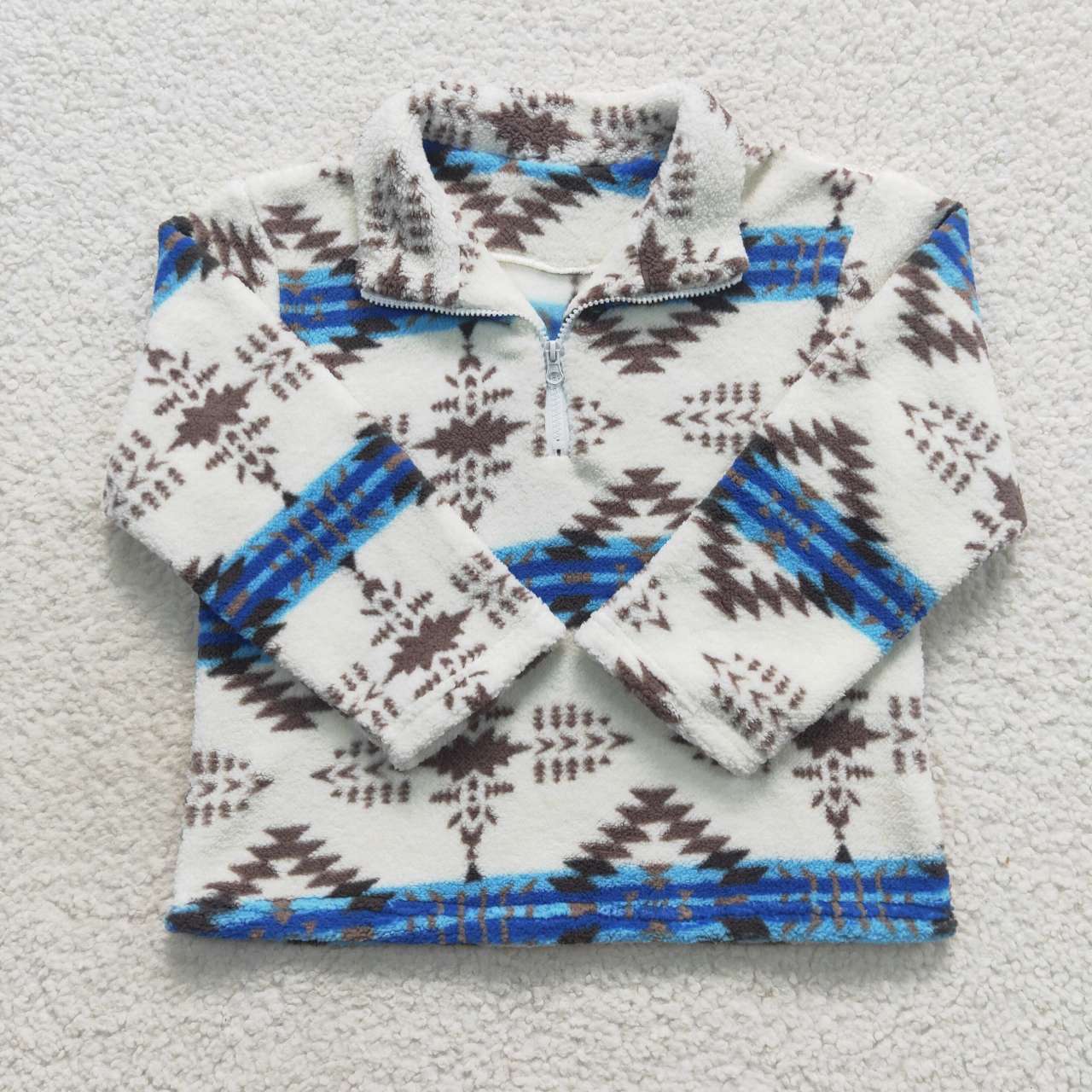 BT0354 aztec geometric blue and white zip up fleece jacket long sleeve top