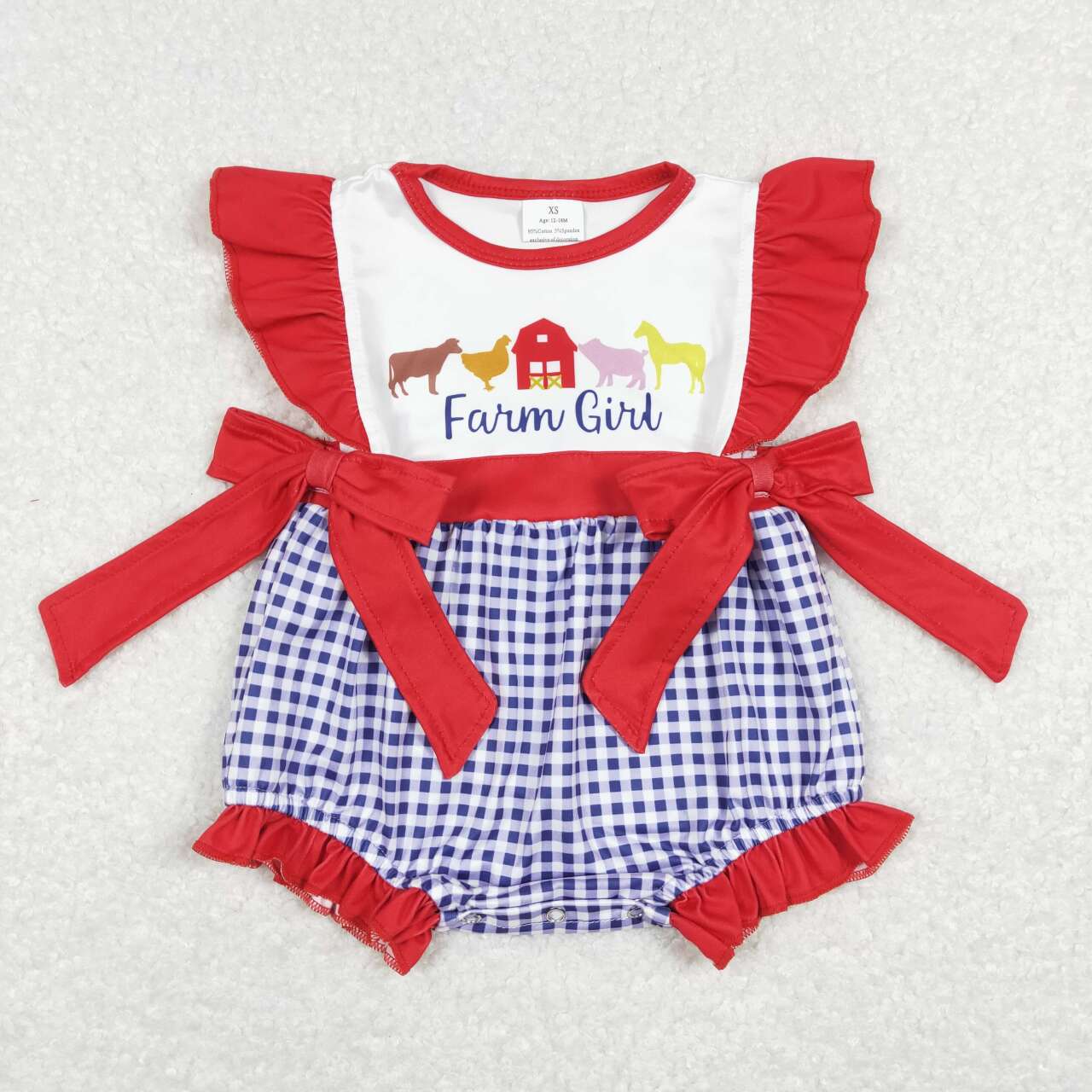 SR0696 farm girl farm animal red house blue plaid red lace bow vest jumpsuit