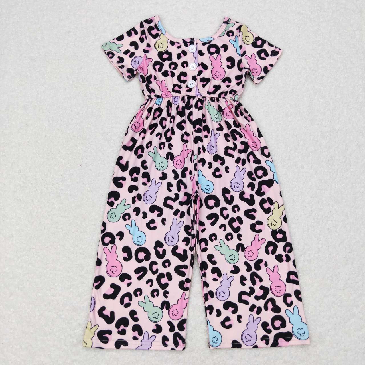 SR0481 Colorful Bunny Leopard Pink Short Sleeve Jumpsuit