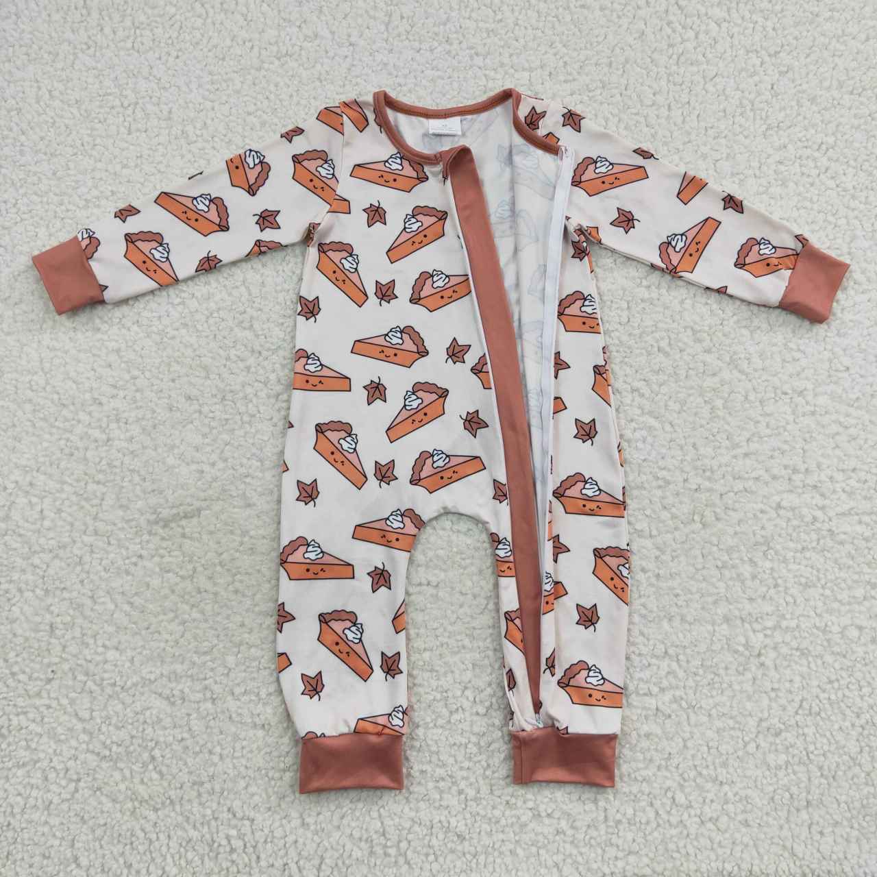 LR0353 Cake Maple Brown Zipper Long Sleeve Bodysuit