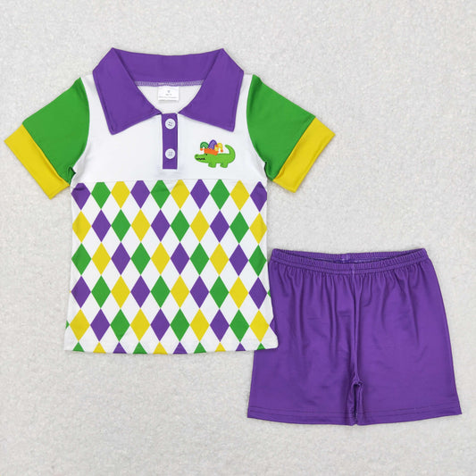 BSSO0311 Carnival Crocodile Purple Yellow Green Diamond Short Sleeve Shorts Set