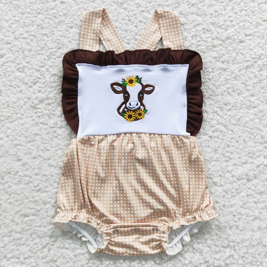 SR0312 Girls Embroidered cow pink lace vest jumpsuit