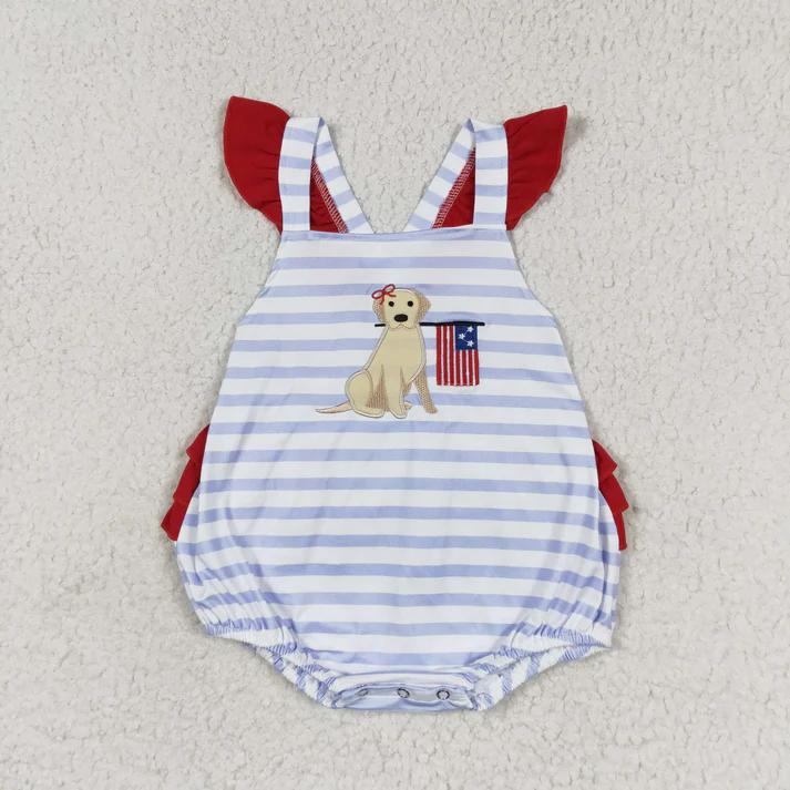 RTS NO MOQ  Baby Girls 4th Of July Dog Flag Sibling Rompers Clothing Sets embroidery