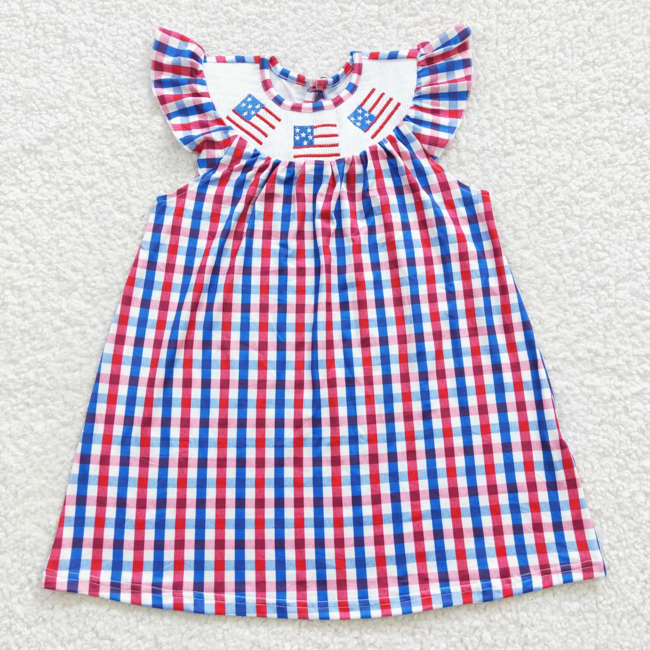 RTS NO MOQ ETA 5/7days Arrived GSD0387 smocked embroidered National Day checkerboard short-sleeved dress