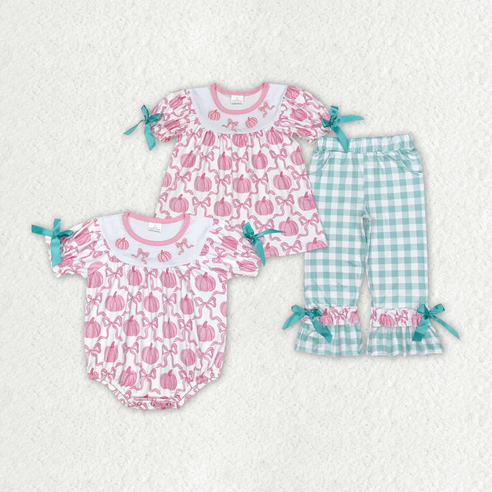 RTS NO MOQ Embroidered Pumpkin Suit Romper Matching Pants Suit Pumpkin Festival Halloween Embroidery