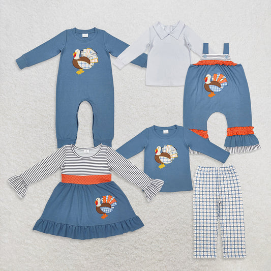 RTS Sibling baby boy girl clothes embroidery turkey plaid bow green long sleeved pants set and dress and jumpsuit and romper and top