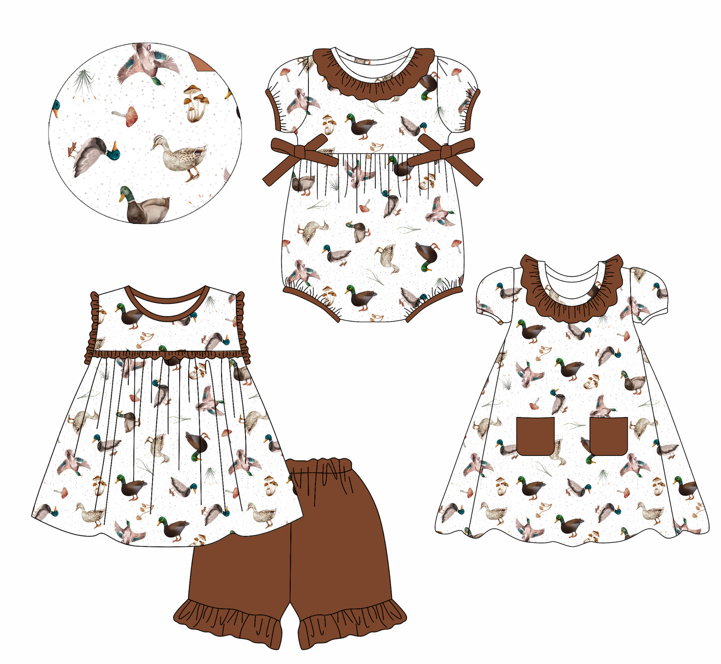 2.14 custom each style moq 5eta 4-6week Sibling Sisters duck baby girl short sleeve shorts sets and dress and rompers match family design