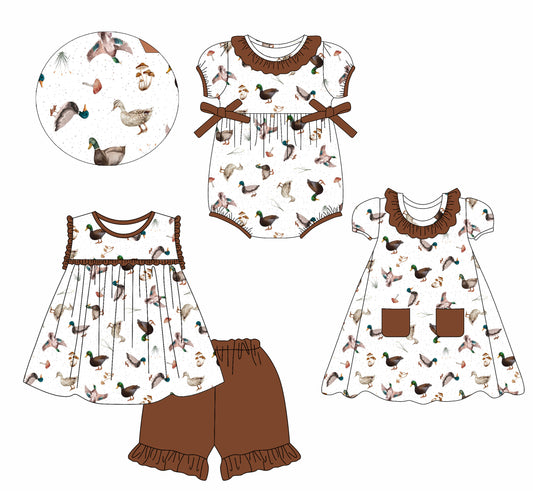 2.14 custom each style moq 5eta 4-6week Sibling Sisters duck baby girl short sleeve shorts sets and dress and rompers match family design