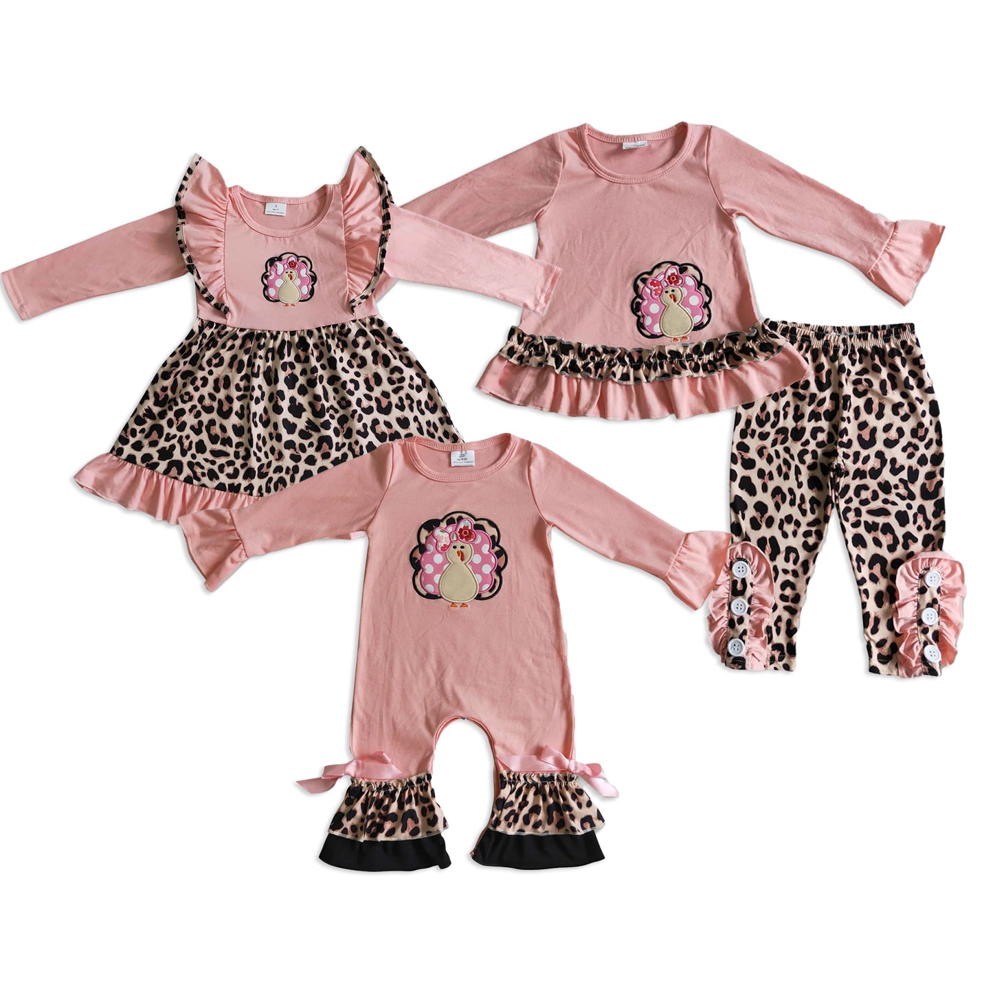 RTS Sibling baby girls clothes Embroidery thanksgiving turkey long Sleeve pants sets and rompers and dress