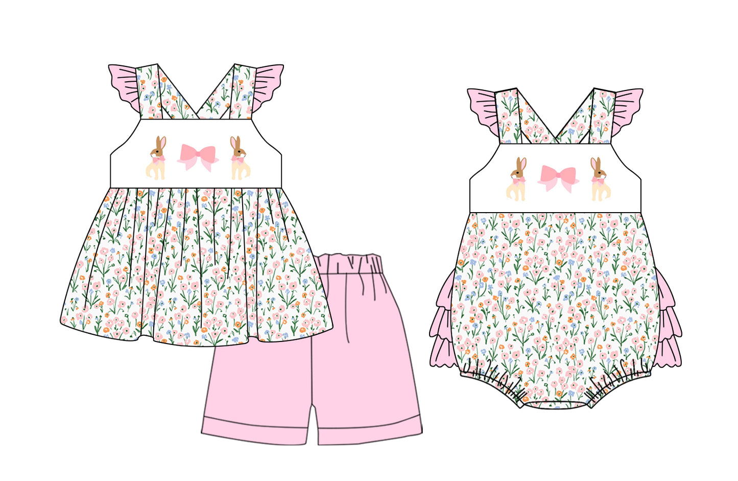 1.8 custom each style moq 5eta 4-6week Sibling Sister easter bow baby girl short sleeve shorts sets and sets 2 and boy romper and girl romper match design