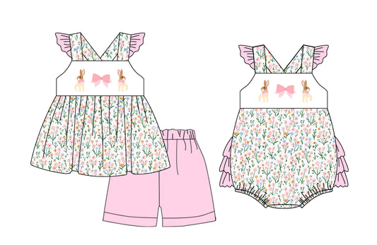 1.8 custom each style moq 5eta 4-6week Sibling Sister easter bow baby girl short sleeve shorts sets and sets 2 and boy romper and girl romper match design