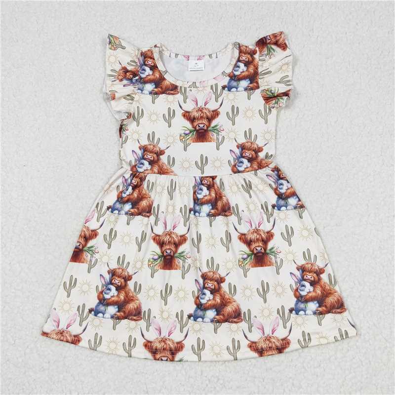 RTS SALES NO MOQ G6-1.。，Cow Rabbit Cactus Milky White Flying Sleeve Dress 牛兔子仙人掌奶白色飞袖裙