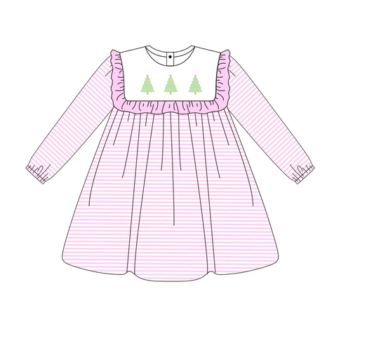 Custom moq 3 eta 7/8week moq 5 eta /4/5week Green Christmas tree pattern pink square neck striped long sleeve dress