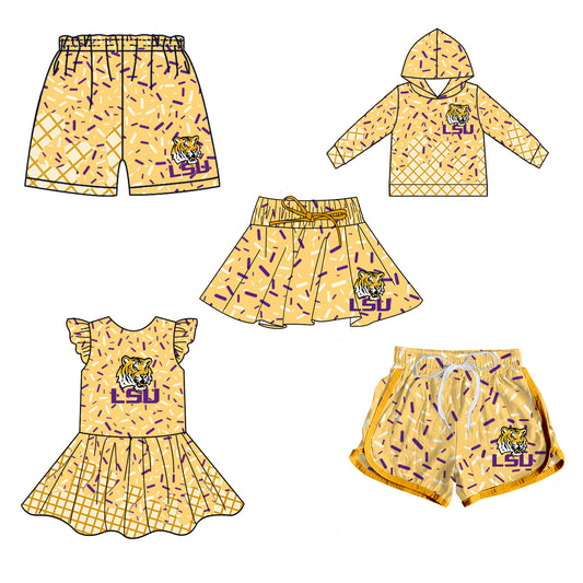 Custom summer teams baby girls clothes team gold hooded long sleeve tops and dress and skirts and shorts 1 and shorts 2-25.5.8