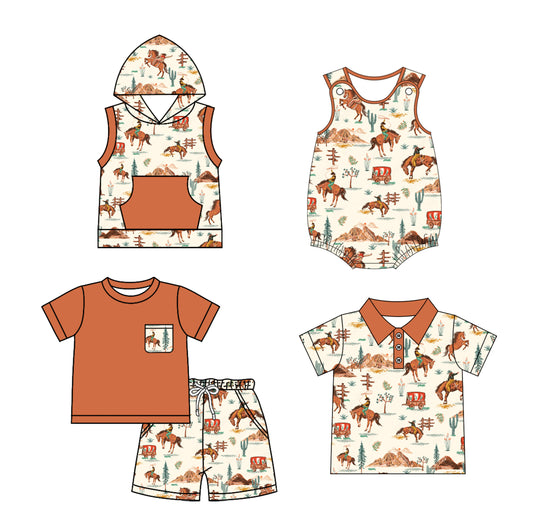 2.8 custom each style moq 5eta 4-6week Sibling Sister riding horse baby girl sets and boy rompers 1 and romper 2 and top match family design