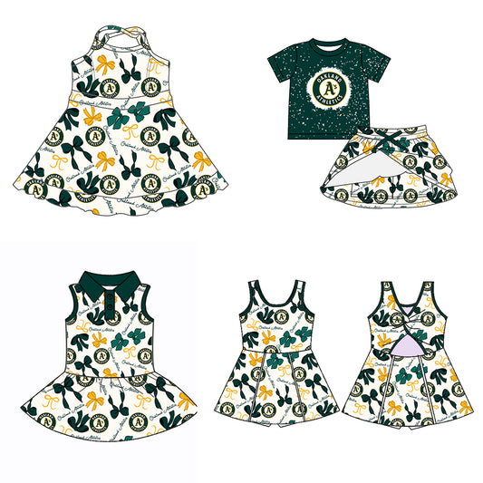 Custom moq 5 mix sizes summer teams baby girls clothes team green short sleeve skirts shorts sets dress 1 and dress 2 and dress 3 and dress 4-25.5.21