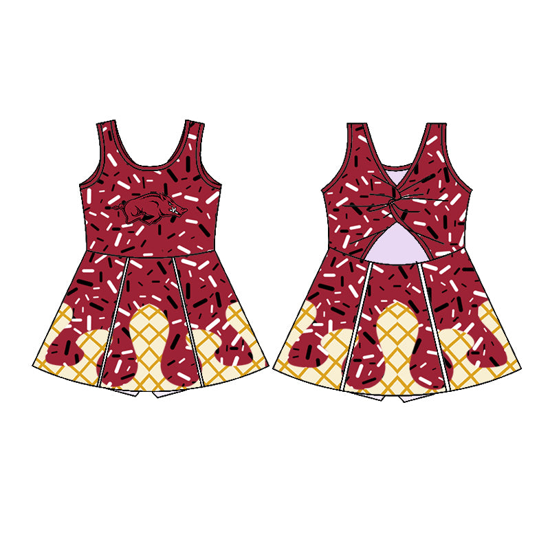 Custom moq 5 mix sizes summer teams baby girls clothes team brick red short sleeve shorts skirts sets dress top-25.5.9