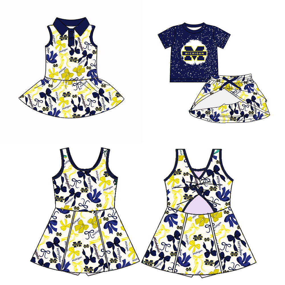 Custom moq 5 mix sizes summer teams baby girls clothes team blue short sleeve skirts shorts sets dress 1 and dress 2-25.5.10