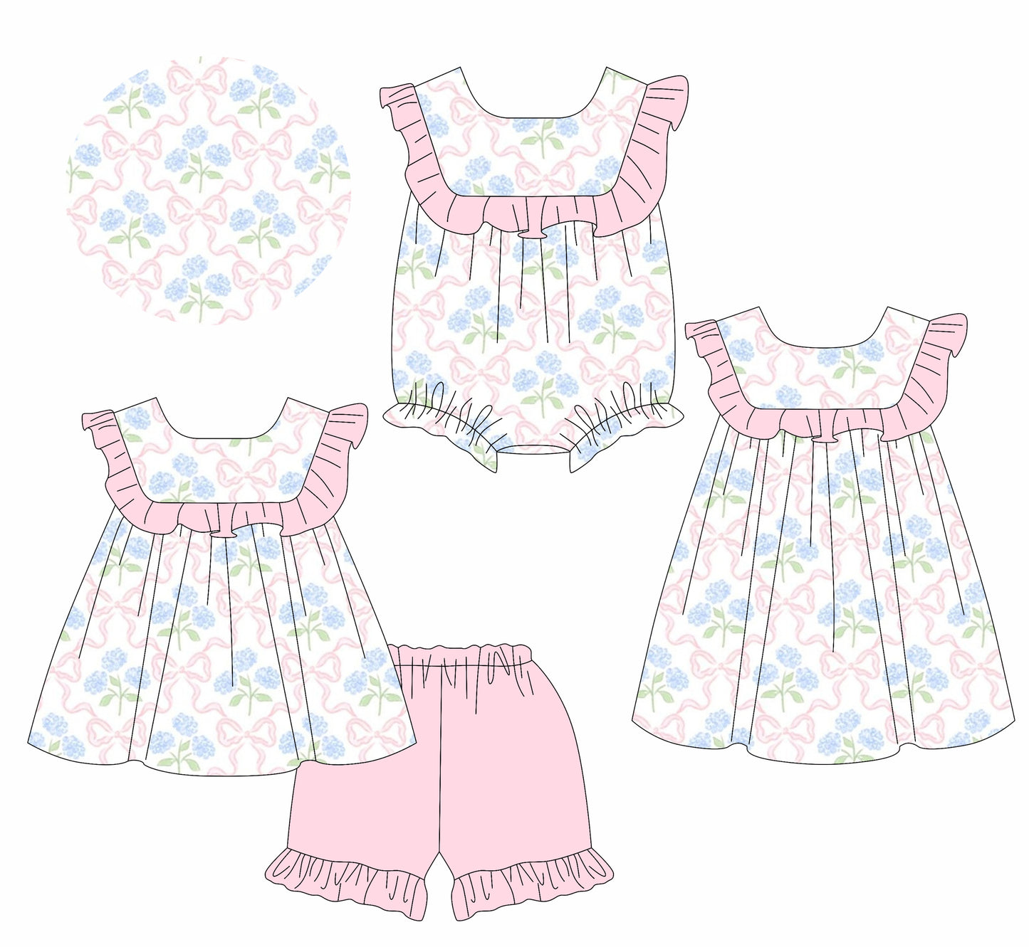 1.14 custom each style moq 5eta 4-6week Sibling Sisters bow floral baby girl short sleeve shorts sets and dress and rompers match family design