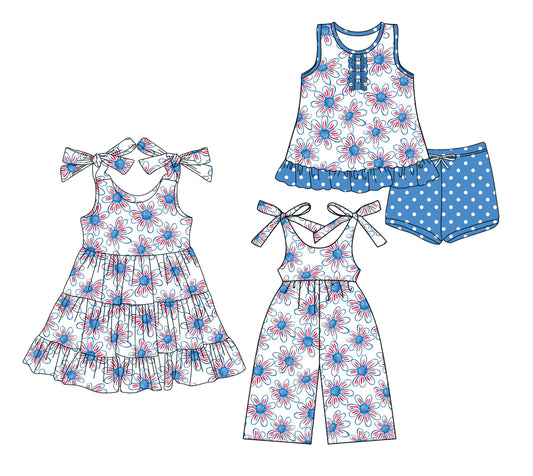 3.18 custom each style moq 5eta 4-6week Sibling Sister floral baby girl short sleeve shorts sets and dresses and jumpsuit match design