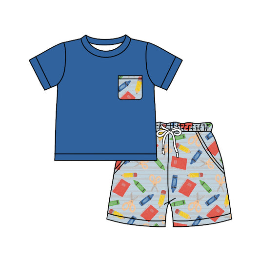 5.1(1)custom each style moq 5eta 4-5week school style prints gray short pants with blue top  and prints t-shirt match family design