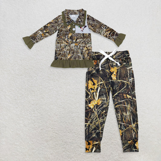 RTS NO MOQ GT0312 + P0434 Baby Girls Camo Hunting Duck Ruffle Pullover Jackets Tops Camo Branches Pockets Pants