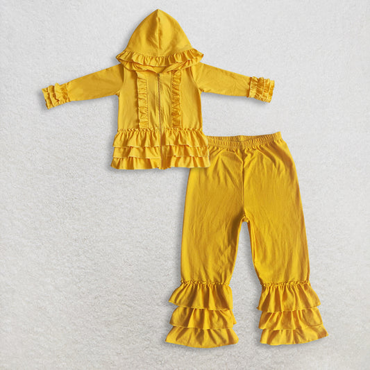 RTS NO MOQ Sibling baby girl clothes lace yellow hooded long-sleeved sets and top and pants