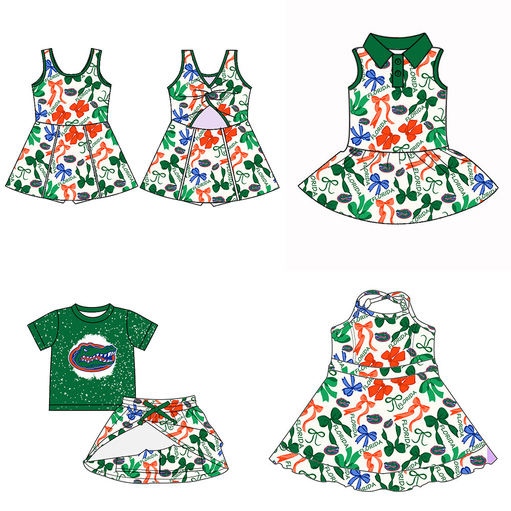 Custom moq 5 mix sizes summer teams baby girls clothes team green short sleeve skirts shorts sets dress 1 and dress 2 and dress 3 and dress 4-25.5.13