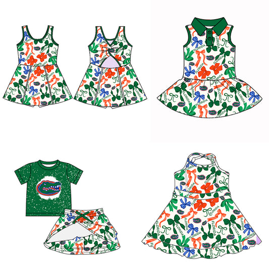 Custom moq 5 mix sizes summer teams baby girls clothes team green short sleeve skirts shorts sets dress 1 and dress 2 and dress 3 and dress 4-25.5.13
