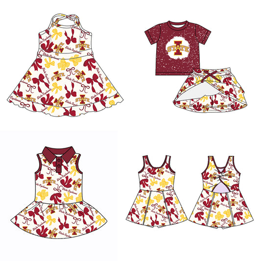Custom moq 5 mix sizes summer teams baby girls clothes team brick red short sleeve skirts shorts sets dress 1 and dress 2 and dress 3 and dress 4-25.5.22