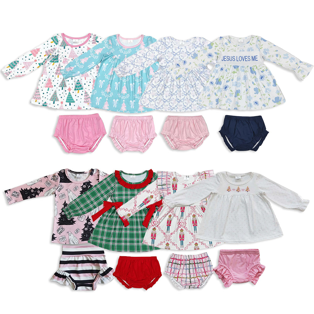 RTS NO MOQ Sibling baby girls clothes Christmas Lantern Sleeve Long Sleeve Top Thong Sets