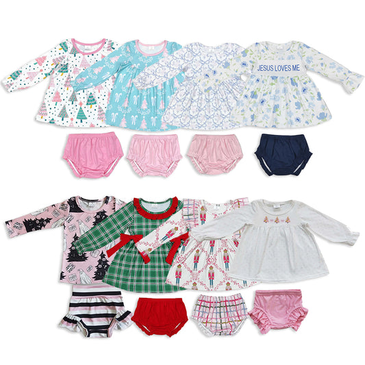RTS NO MOQ Sibling baby girls clothes Christmas Lantern Sleeve Long Sleeve Top Thong Sets