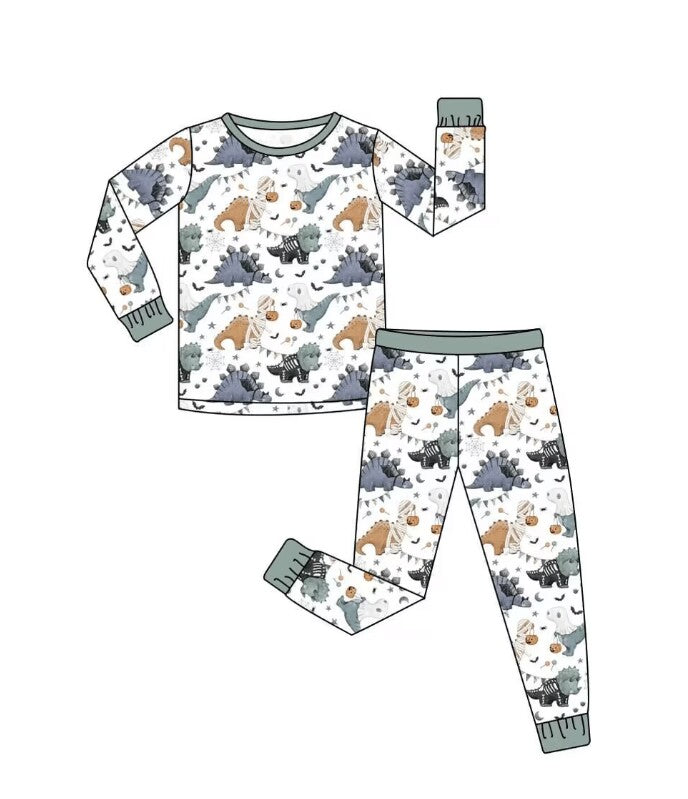 5.10custom each style moq 5eta 4-5week Sibling Sister Halloween cute Dinosaur prints green girls and boys outfits and baby rompers match family design