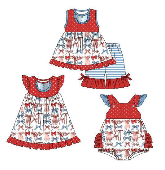 1.6 custom each style moq 5eta 4-6week Sibling Sister bow baby girl short sleeve shorts sets and dress and rompers match family design