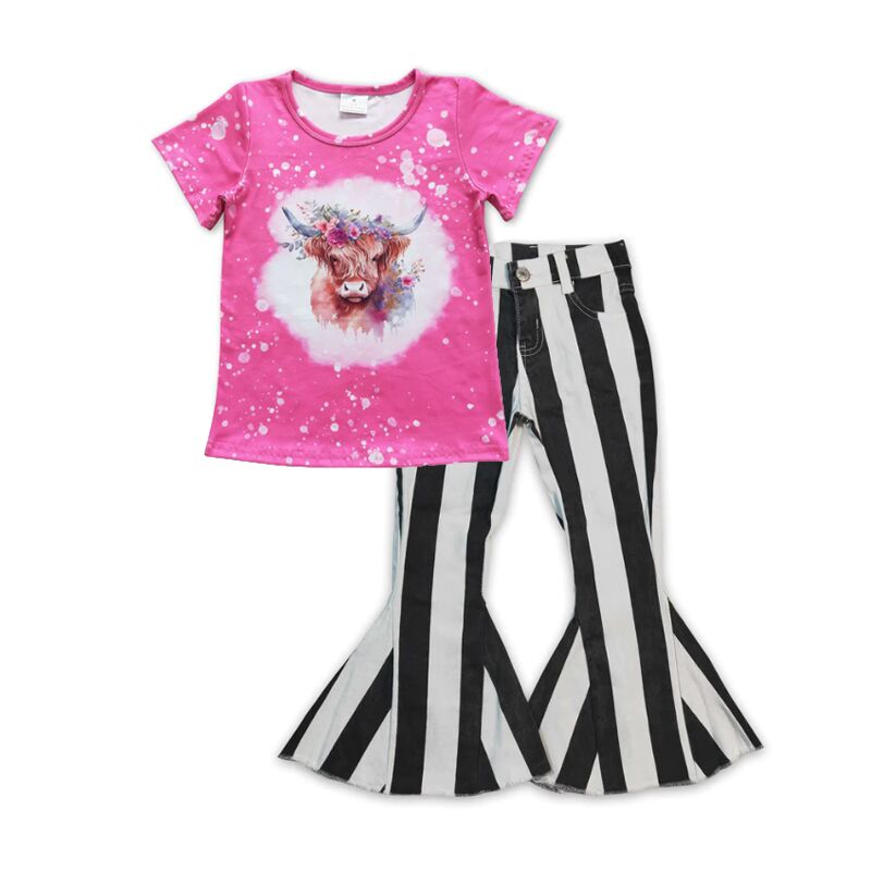 P0046 Black and white striped denim trousers+GT0212 Alpine cow flower rose red short-sleeved top